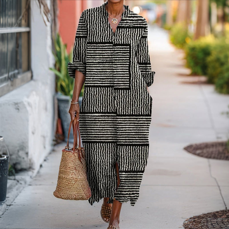 【Pitkähihainen】 Rento Raidallinen Mekko